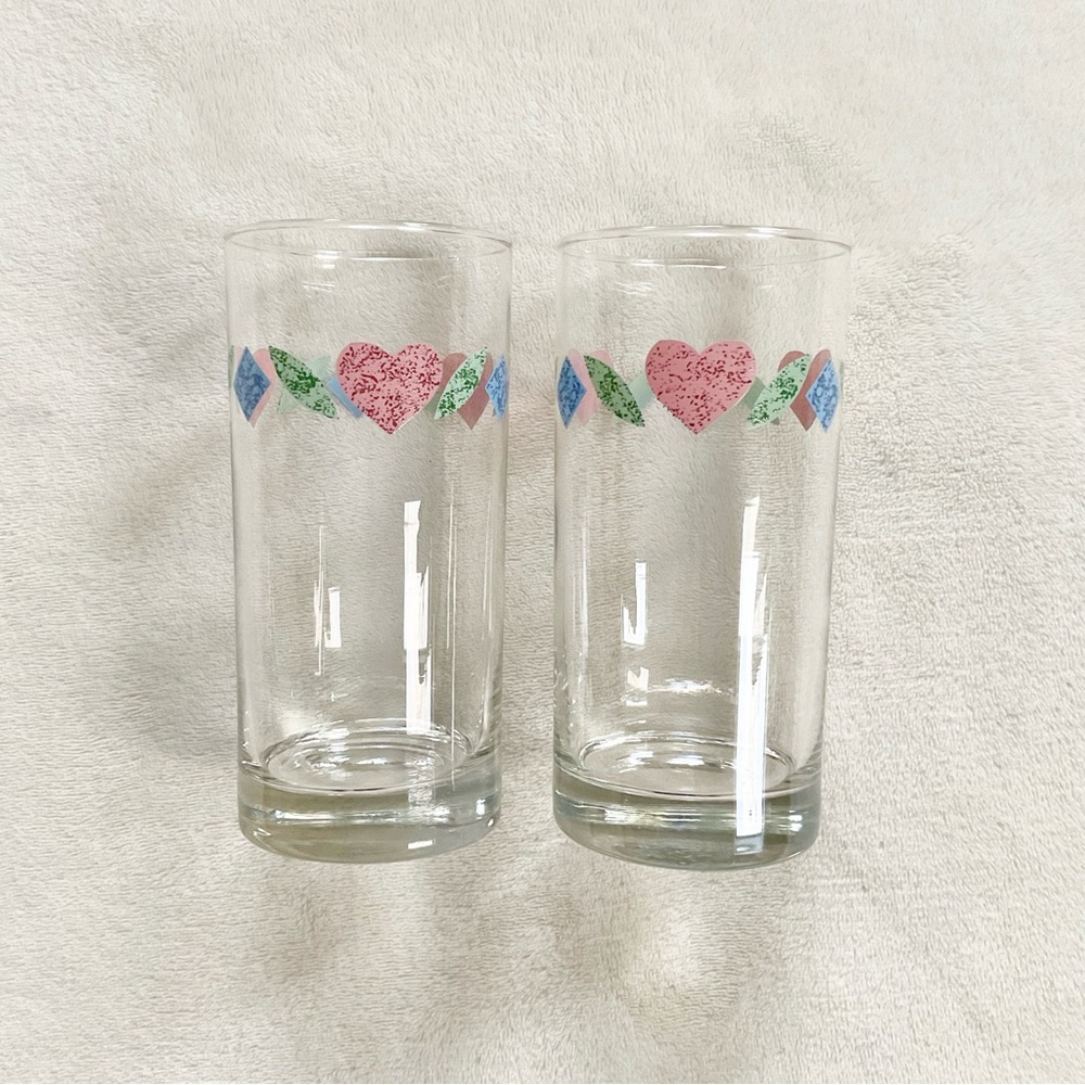 Vintage Corelle Quilt Heart Tumblers Set of 2 Pink Patchwork Glasses - Picture 2 of 11